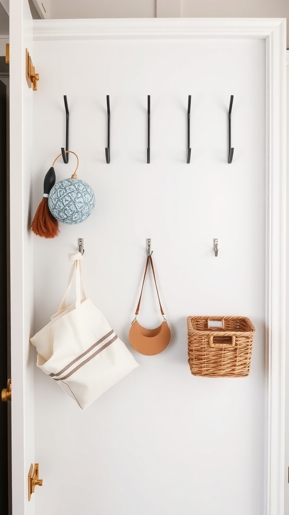 Hooks and baskets installed on the inside of a cabinet door for organizational purposes.