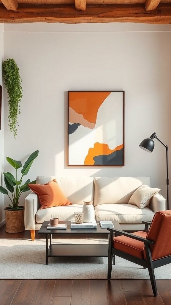 A cozy living room with abstract wall art, a sofa, and indoor plants