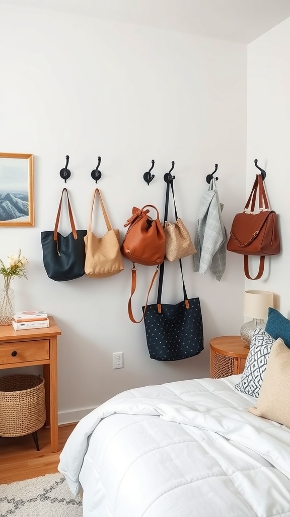 A small guest bedroom featuring wall hooks with various bags hanging on them.