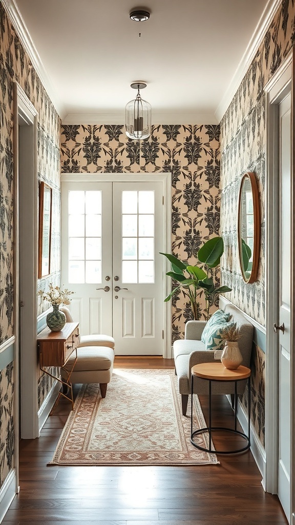 A narrow entryway featuring floral wallpaper, a bench, and greenery.