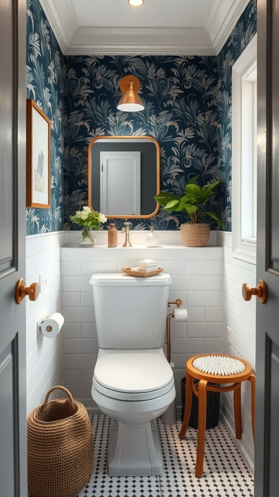 A small half bathroom featuring floral wallpaper, white tiles, and modern decor elements.