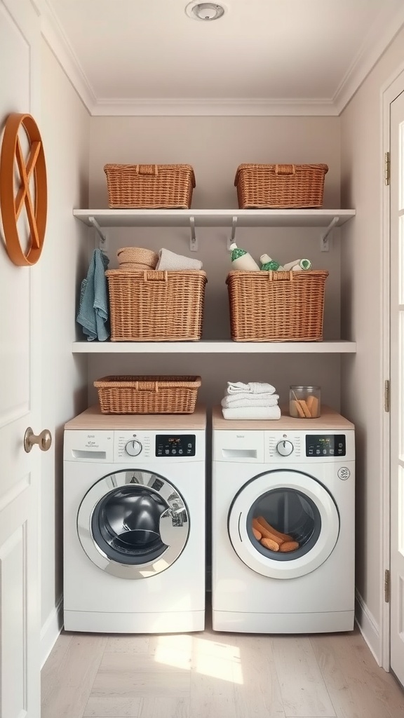 Small laundry room with shelves holding wicker baskets and a washer and dryer