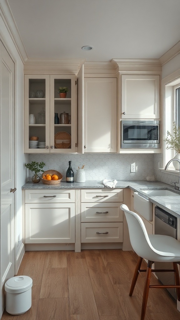 A small kitchen with light-colored cabinets, featuring glass-front cabinet doors and well-organized storage spaces.