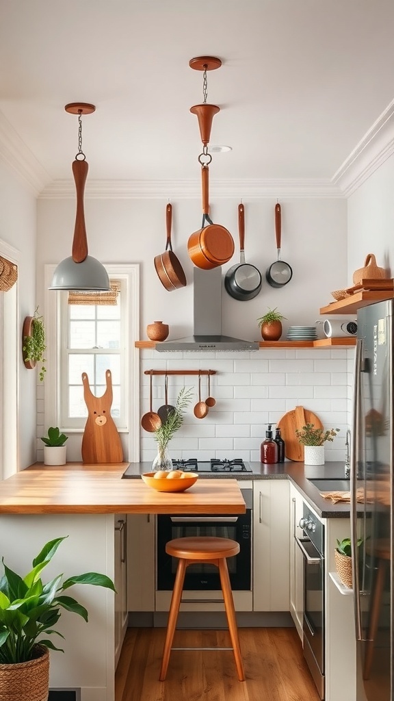 A cozy kitchen with pots and pans hanging from the ceiling on hooks.