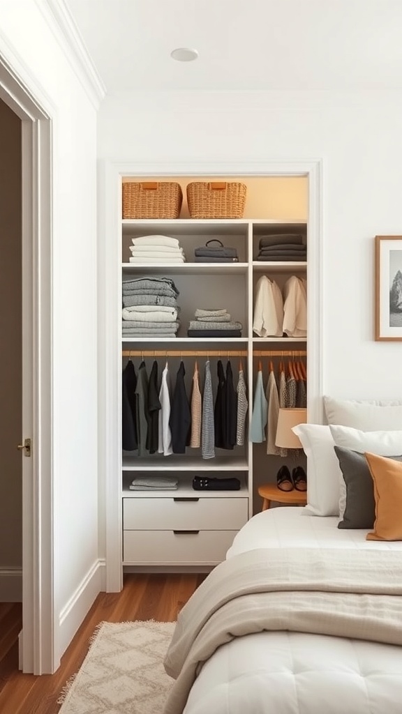 A small walk-in closet with corner shelves displaying neatly folded clothes and baskets.