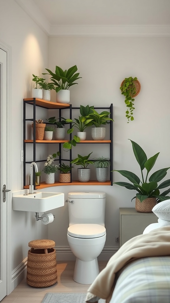 A bathroom with corner shelves filled with plants, a toilet, and a small sink.