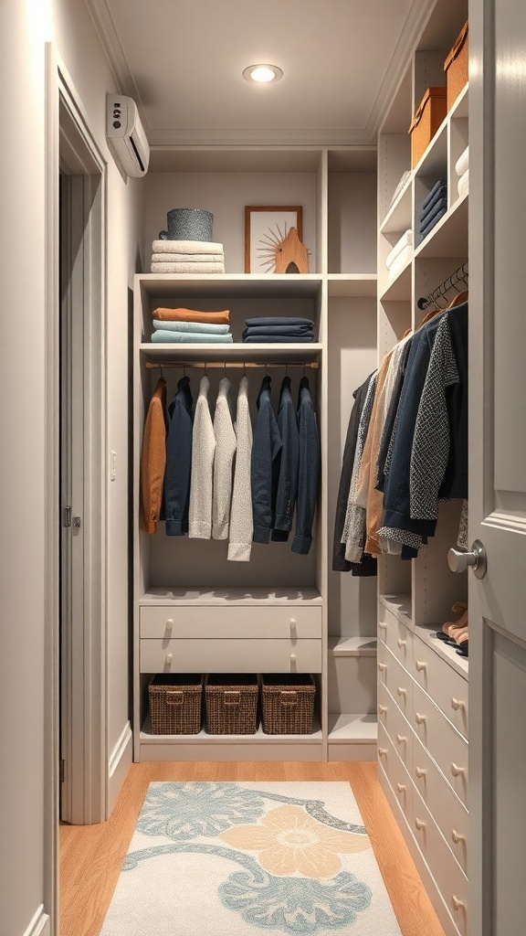 Narrow walk-in closet with corner shelves storing clothes and towels, featuring organized space and bright lighting.