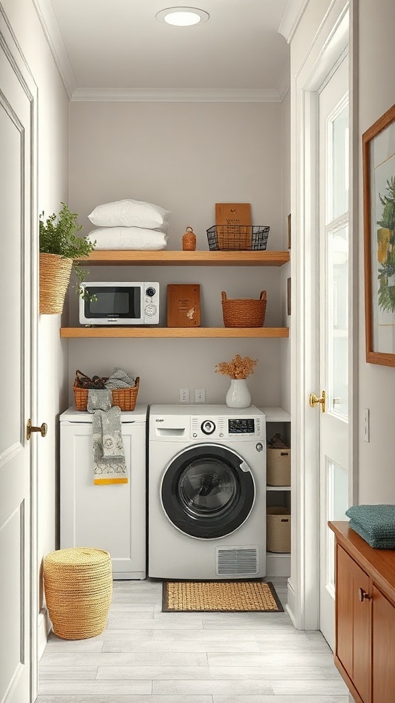 A narrow laundry room with a washer, dryer, wooden shelves, and organized storage