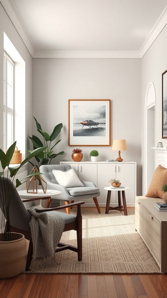 A stylish tiny living room with comfortable seating and plants, showcasing effective corner utilization.