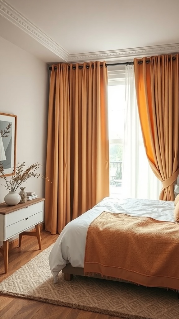 Warm-toned curtains draping over a window in a small bedroom, with a cozy bed and a stylish nightstand.