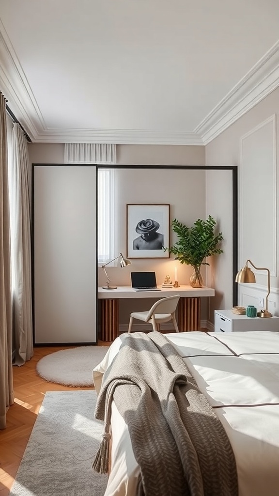 A small guest bedroom featuring a decorative room divider, a bed, and a workspace with a desk and plant.