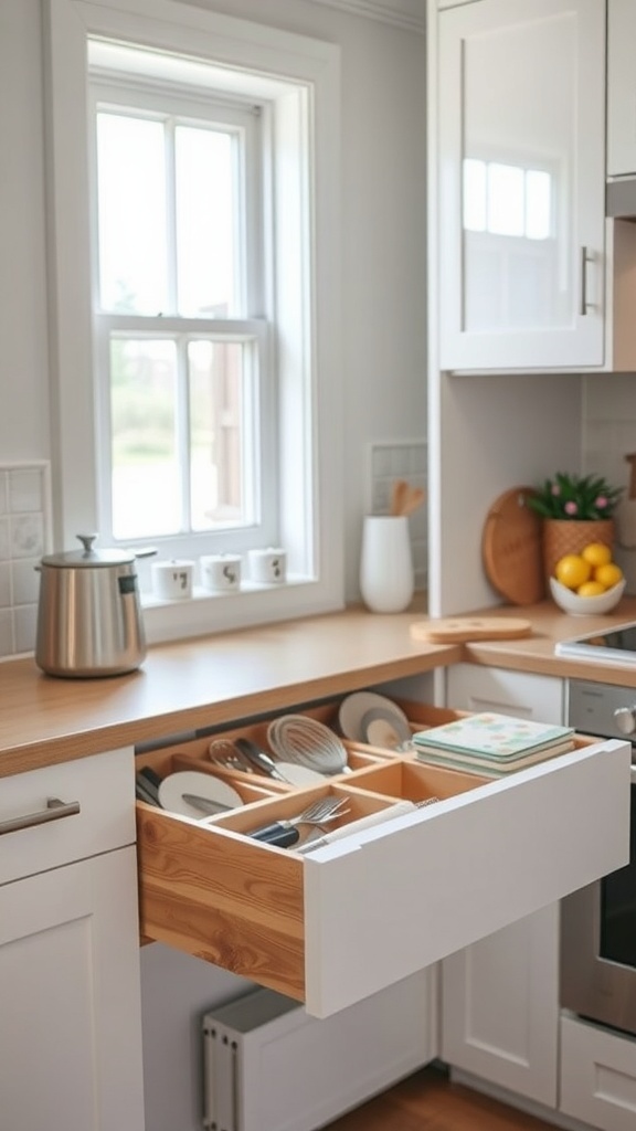 A well-organized kitchen drawer with dividers, neatly holding utensils and tools.
