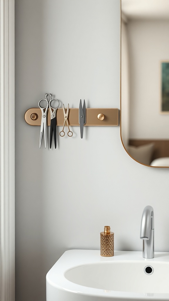 A bathroom scene featuring a magnetic strip on the wall holding various scissors and tools.