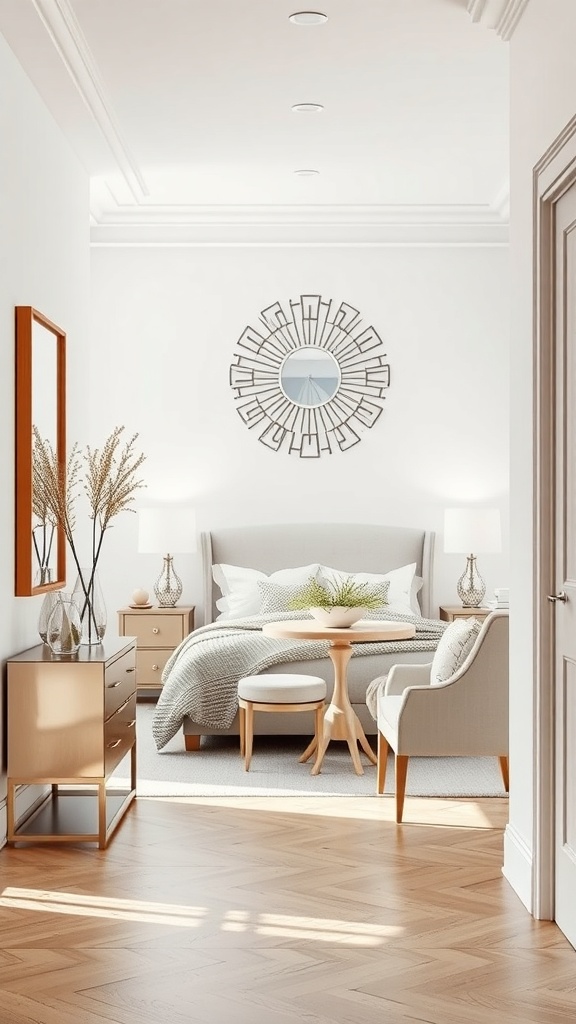 A stylish bedroom featuring a large decorative mirror above the bed, enhancing the room's depth and brightness.