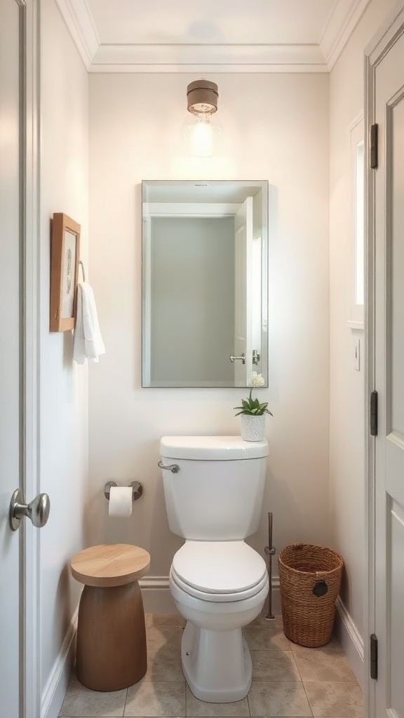 A small bathroom featuring a white toilet, a wooden stool, a towel holder, and a mirror reflecting the light, enhancing the space.