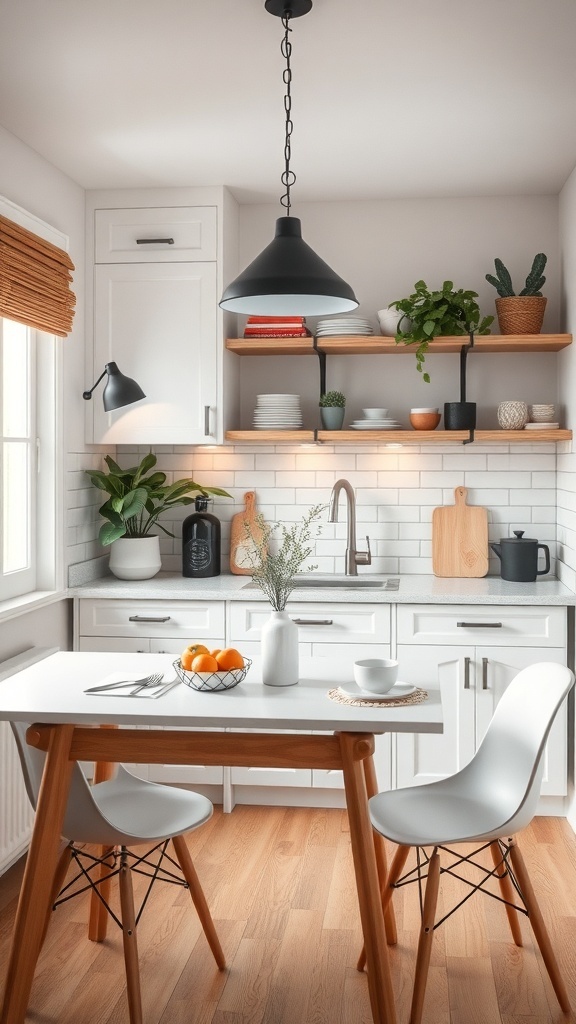 A small kitchen with a minimalistic design featuring multi-functional furniture