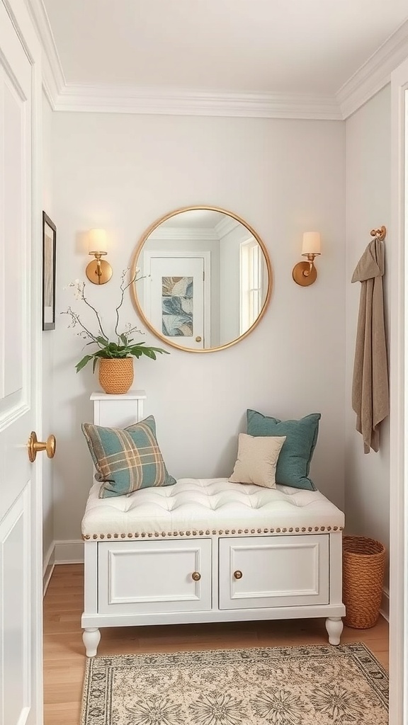 Cozy small dressing room featuring a multi-functional bench with storage, decorative pillows, and a round mirror.