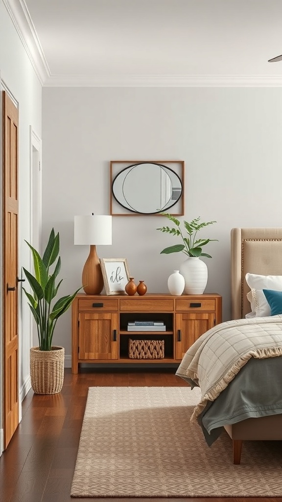 A small foyer with a wooden console table, lamp, plants, and a round mirror on the wall.