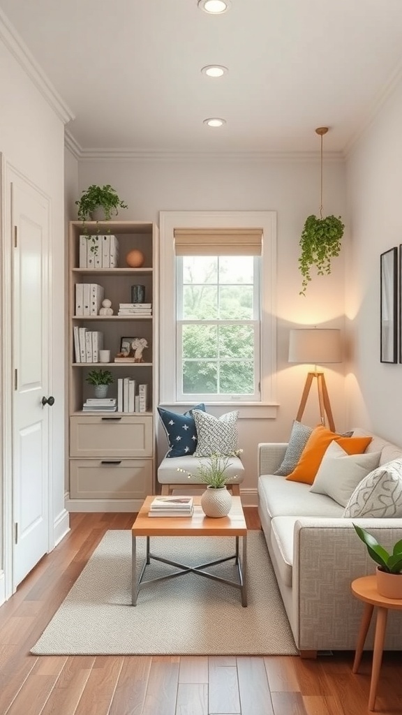 Cozy tiny room with effective storage solutions in a bookshelf and coffee table.