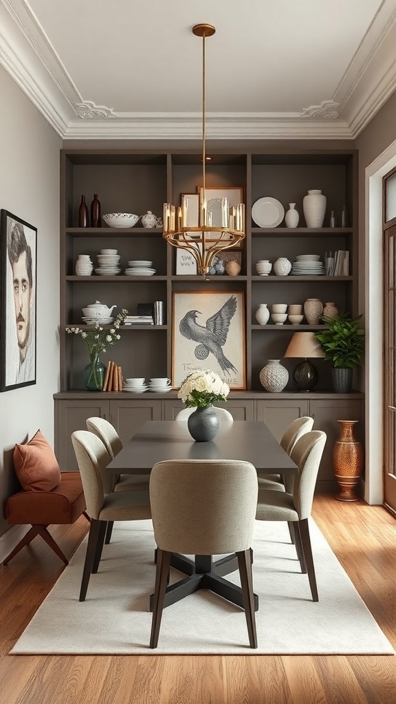 Narrow dining room featuring open shelving with dishes and decor