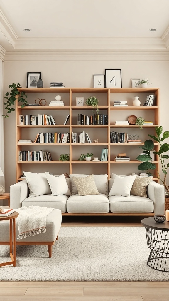 A cozy beige living room featuring open shelving filled with books and decorative items, complemented by a light-colored sofa and plants.