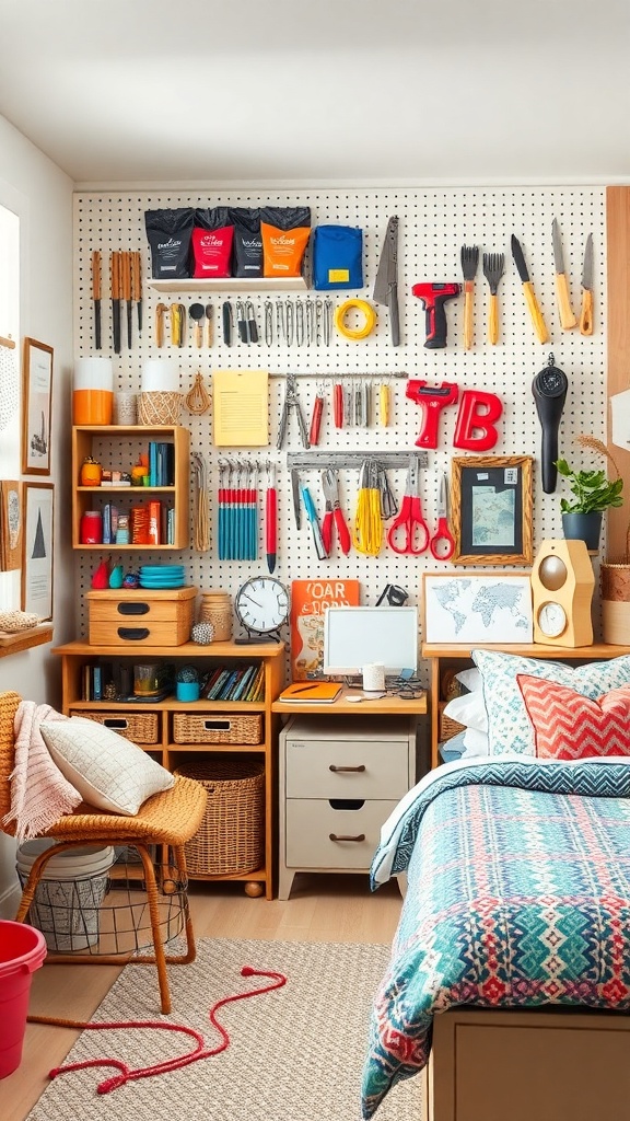 A well-organized craft room featuring a pegboard with various tools and supplies.