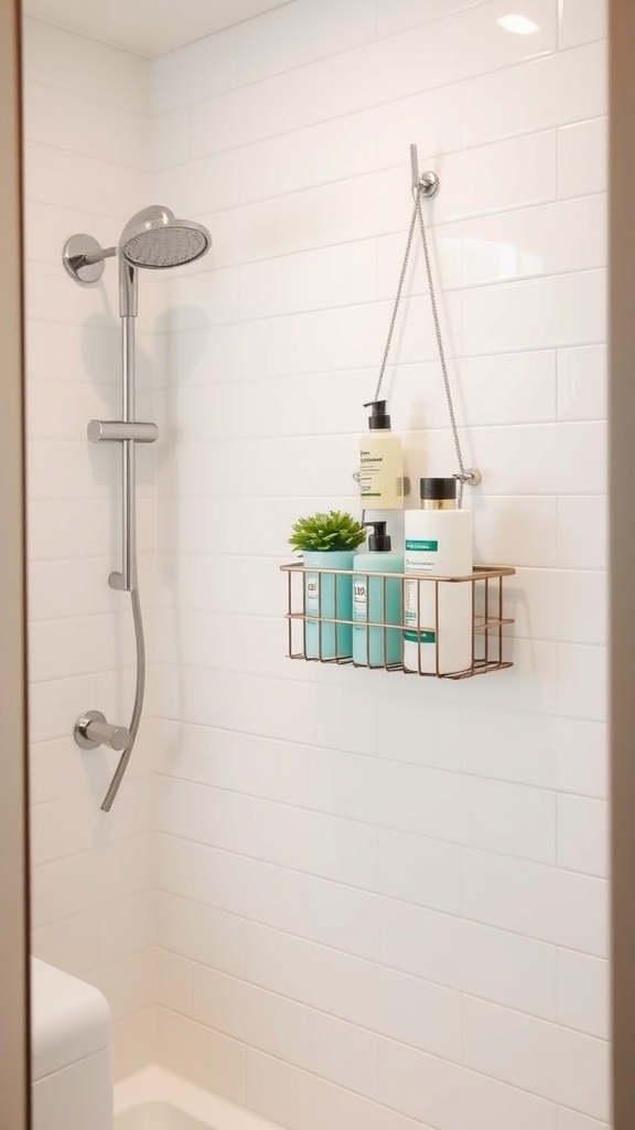 A modern shower caddy hanging in a bright white tiled shower filled with various bath products.