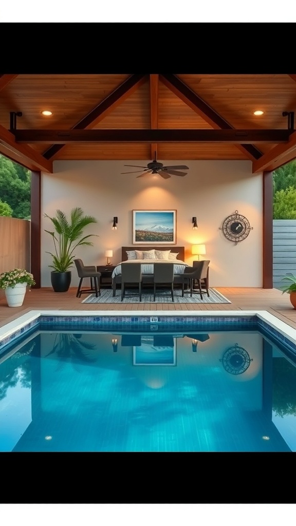 Stylish outdoor pool area with a dining table and bar setup
