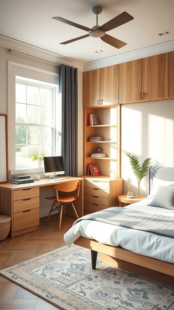 Cozy bedroom with multi-functional furniture including a bed, desk, and storage.