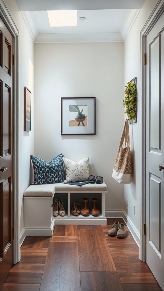 A narrow entryway with a white bench featuring under-bench storage, shoes arranged neatly below, and decorative pillows on top.
