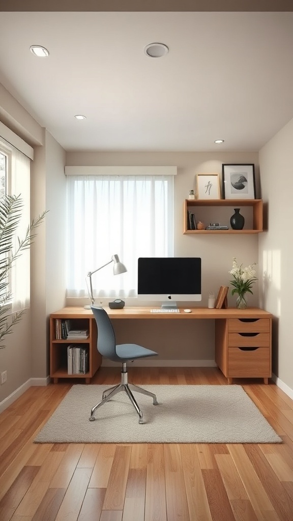 A modern, tidy study room featuring a desk with drawers, a rolling chair, and shelves with decor.