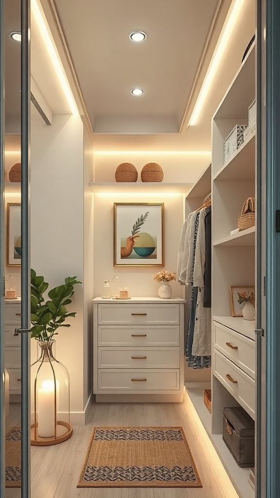 A stylish narrow walk-in closet featuring under-shelf lighting along with shelves, a dresser, and decorative elements.