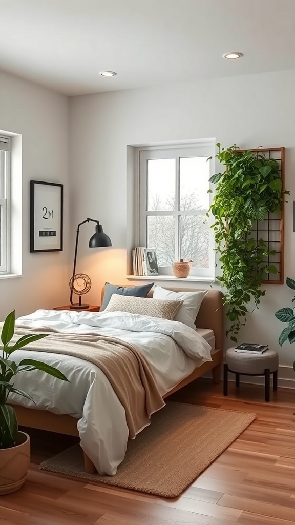 A cozy bedroom featuring a vertical garden with lush green plants beside the window.