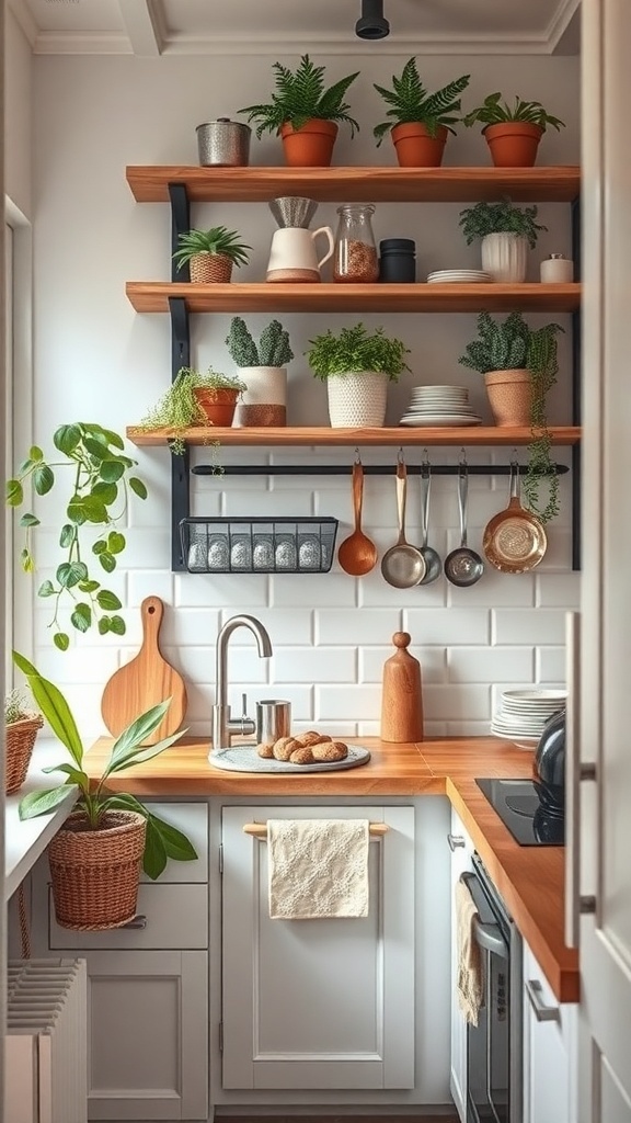 A small cottage kitchen with floating shelves holding plants and kitchenware.