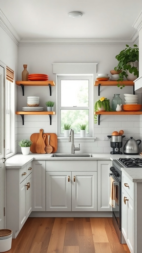 A bright, cozy farmhouse kitchen with open shelves displaying colorful plates and plants.