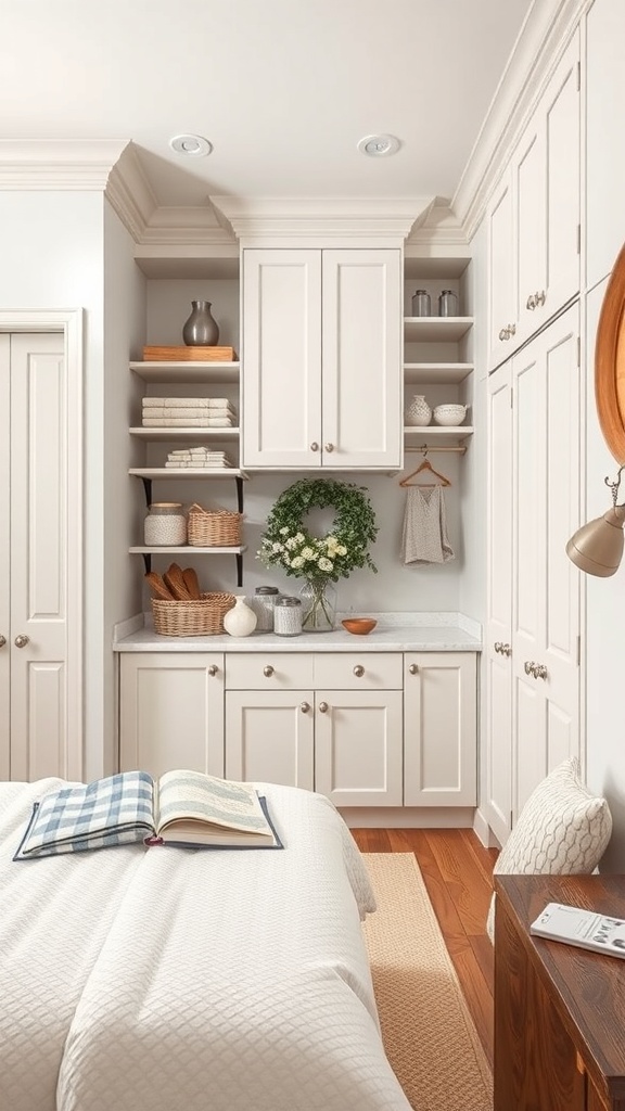 A well-organized butler's pantry with upper cabinets and open shelves, showcasing a clean and functional design.