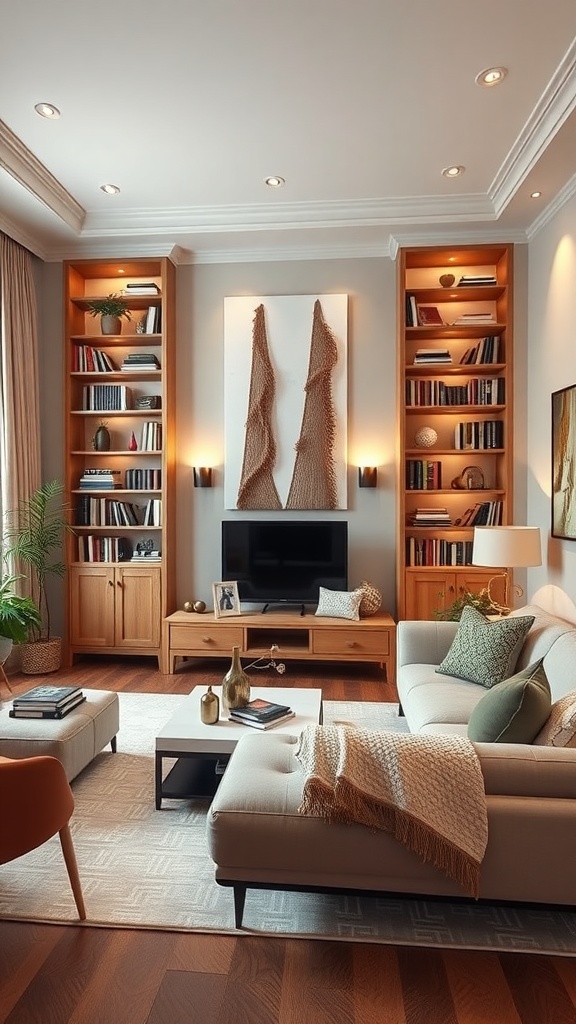 A cozy living room featuring tall bookshelves, a comfortable sofa, and warm lighting.