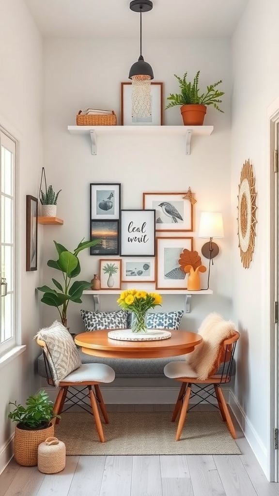 A bright and inviting breakfast nook featuring a round table, plants, and wall-mounted shelves with decor.
