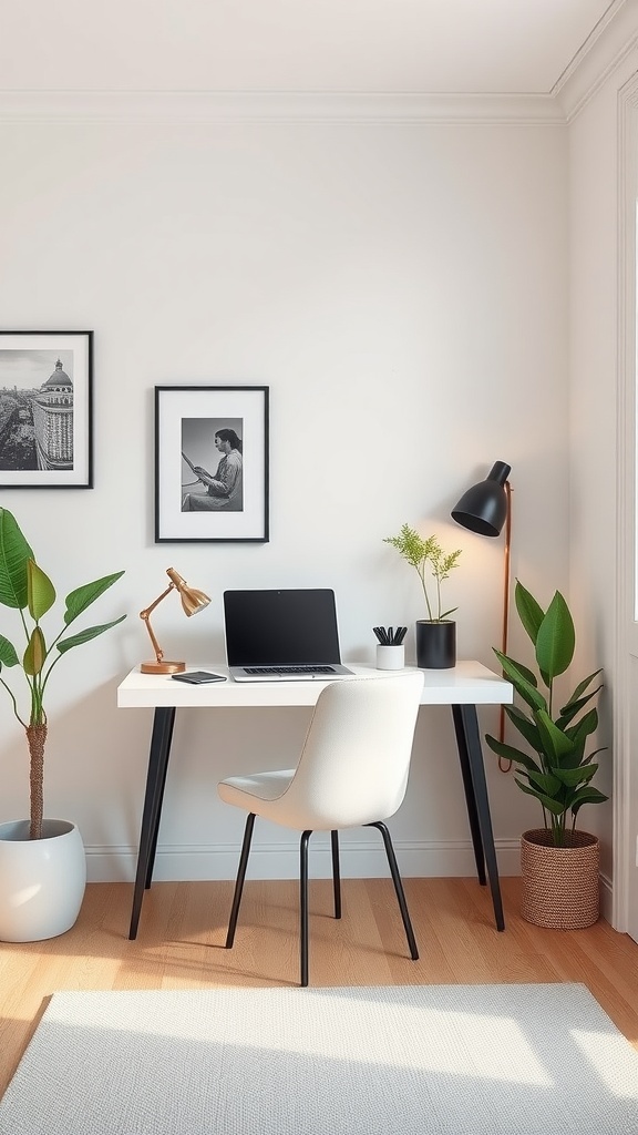 A compact study area featuring a wall-mounted desk with a laptop, desk lamp, and potted plants.