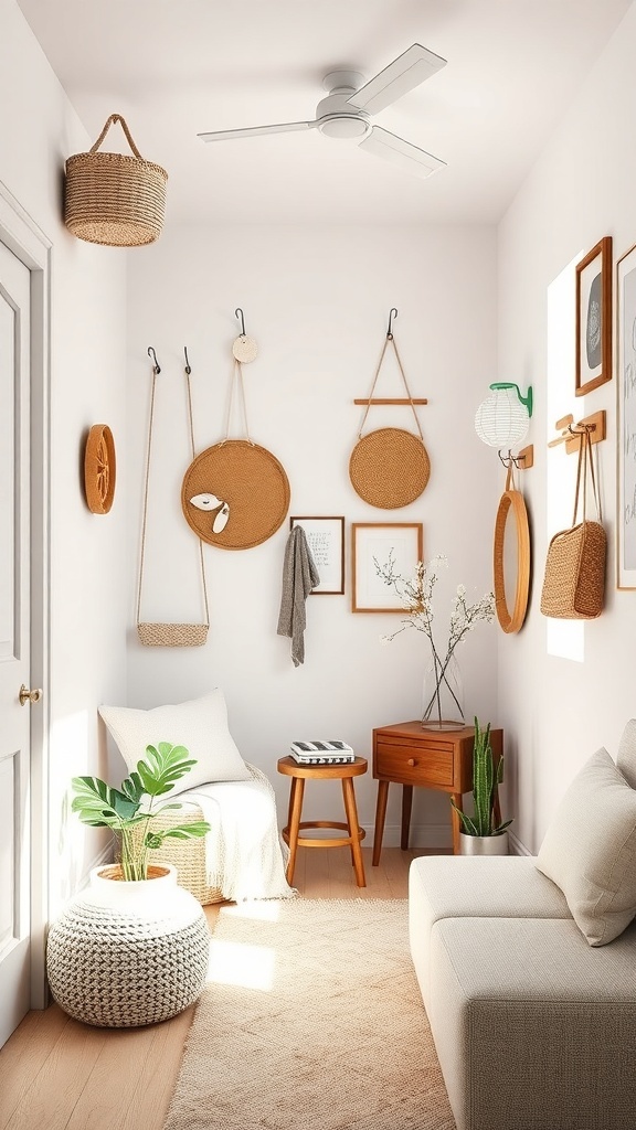 Cozy tiny room featuring wall-mounted storage solutions with baskets, artwork, and plants.