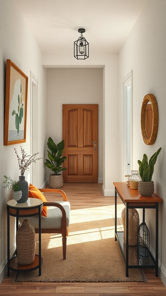 A narrow entryway with wall art, plants, and a stylish console table.