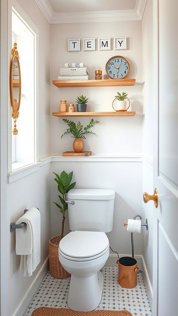 A small bathroom with shelves, a clock, plants, and decorative items