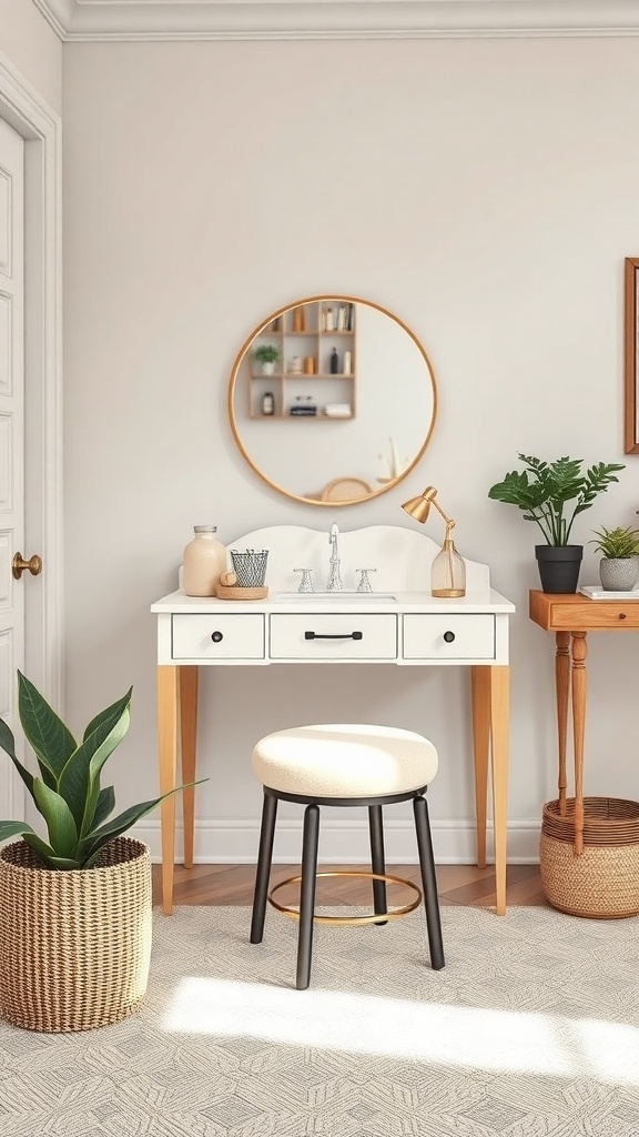 A stylish vanity with a round mirror and a comfortable stool