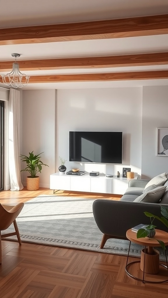 A stylish living room featuring a small TV unit under a flat-screen TV, with a cozy sofa and plants.