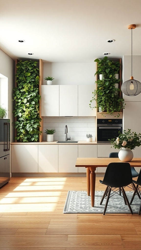 A modern kitchen featuring a vertical garden partition with lush green plants.