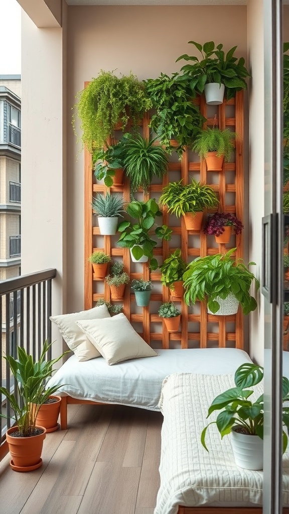 A small balcony featuring a vertical garden setup with various plants in pots on a wooden trellis, along with a cozy seating area.