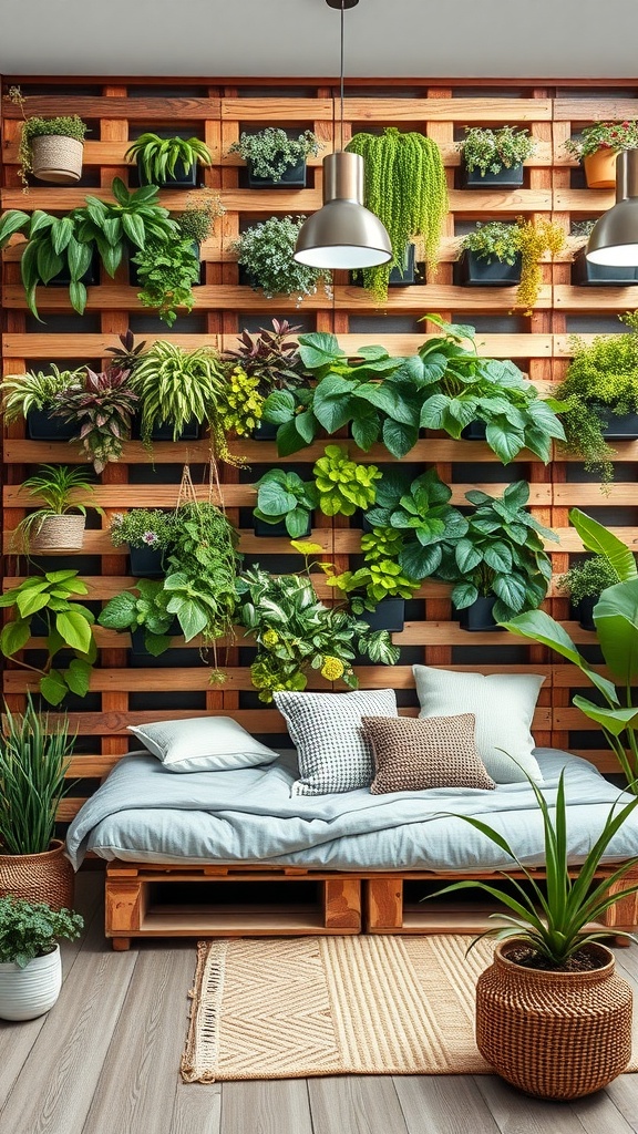 A vertical garden wall made of wooden pallets filled with various green plants, with a cozy seating area in front.