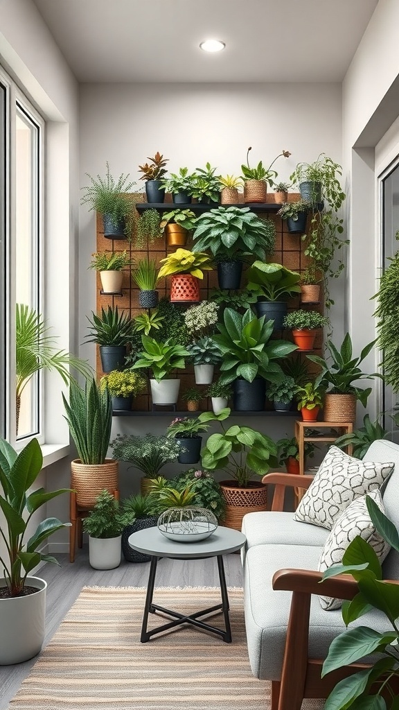 Image of a vertical garden wall in a small room with various plants and cozy seating.
