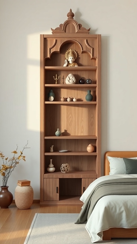 A vertical wooden mandir with shelves, featuring a deity statue and decorative items, set against a light wall in a cozy room.