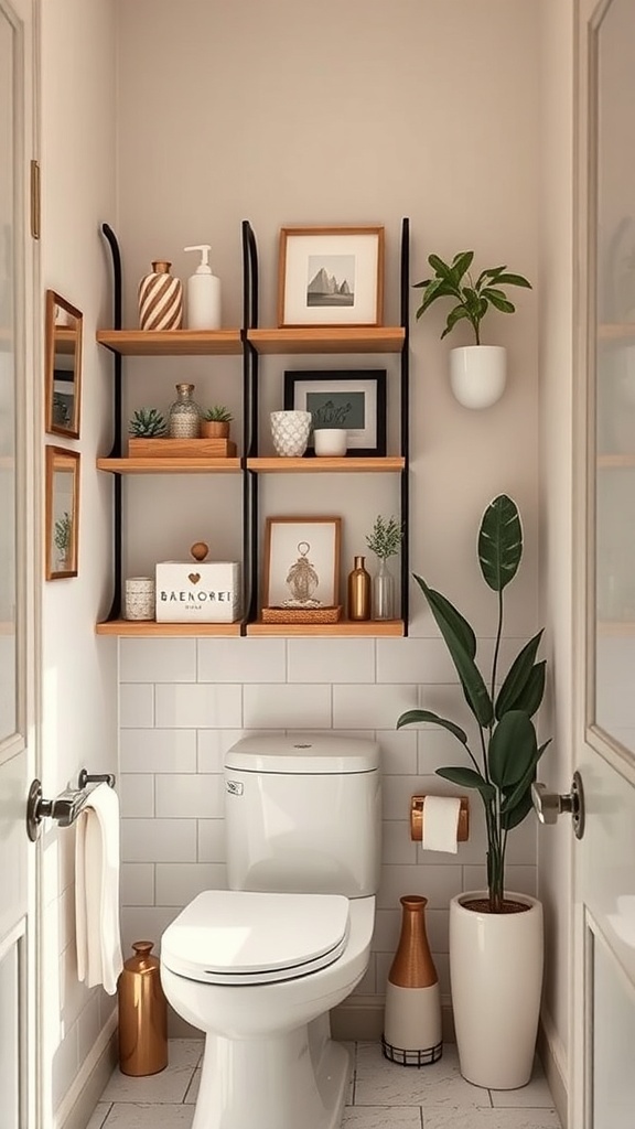 A small bathroom with vertical wooden shelves displaying decorative and functional items.